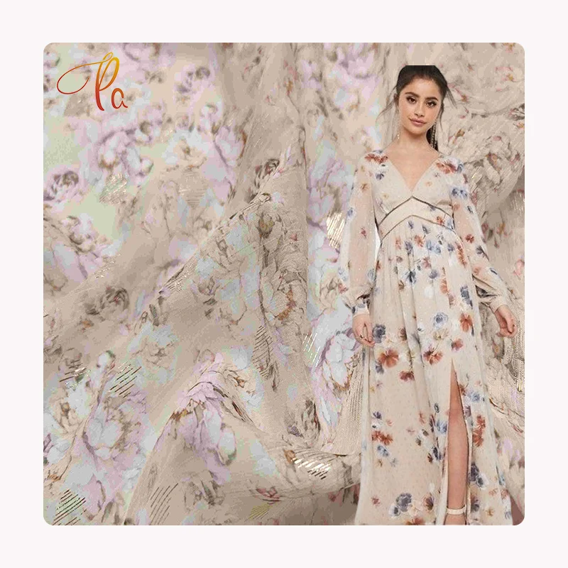 Light And Thin Imitation Silk Georgette Fabric Yellow Broken Flower Printed Crepe Chiffon Imitation Silk Dress Fabric