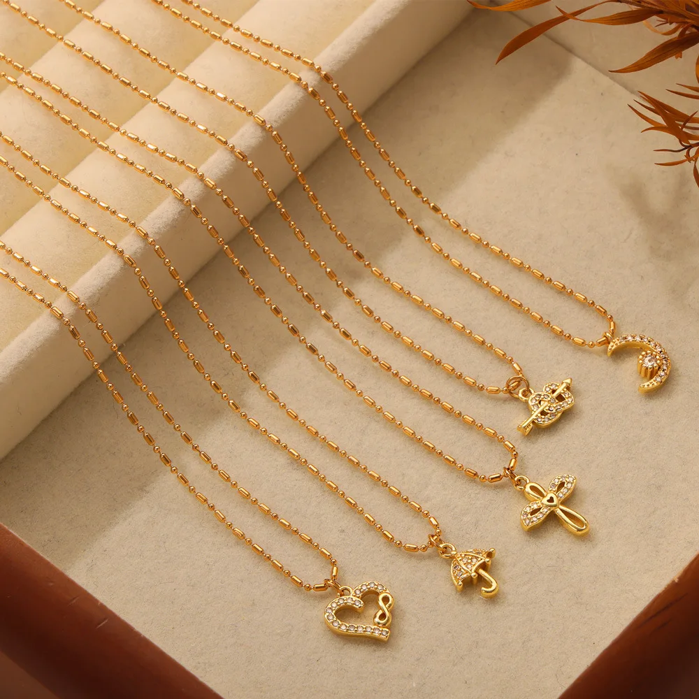Summer Jewelry Waterproof Stainless Steel 18K Gold Plated Cross Moon Heart Pendant Necklace for Women