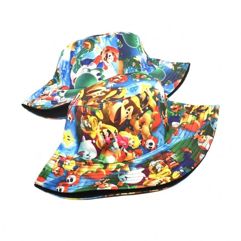 Creative Super Mary Mario figures pattern bucket hat man woman cartoon sun protection sun hat double-sided