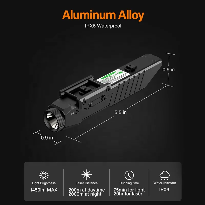Tactical Flashlight 1450 Lumen 2 in 1 PIC Rechargeable High for Far-reaching Beam Low Profile and Lightweight