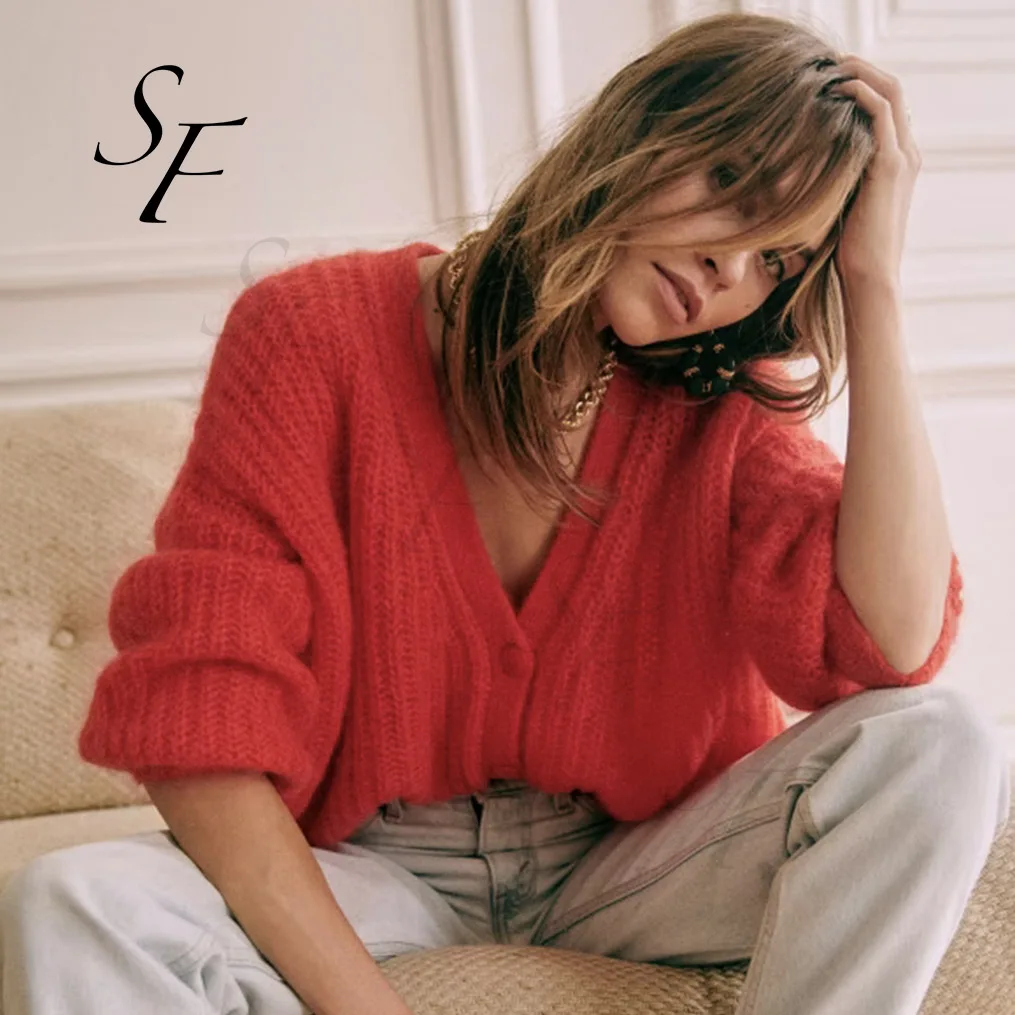 Custom winter mohair wool solid color puffed sleeve beaded rib knitwear sweater sexy V neck knit cardigan for women