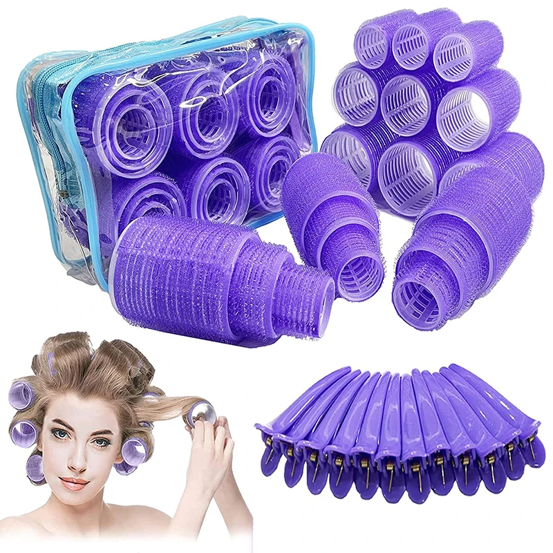 Factory Wholesale 3 Sizes No Heat Self Grip Hair Rollers Set 18pcs Plastic Nylon Hair Rollers with 12pcs Clips