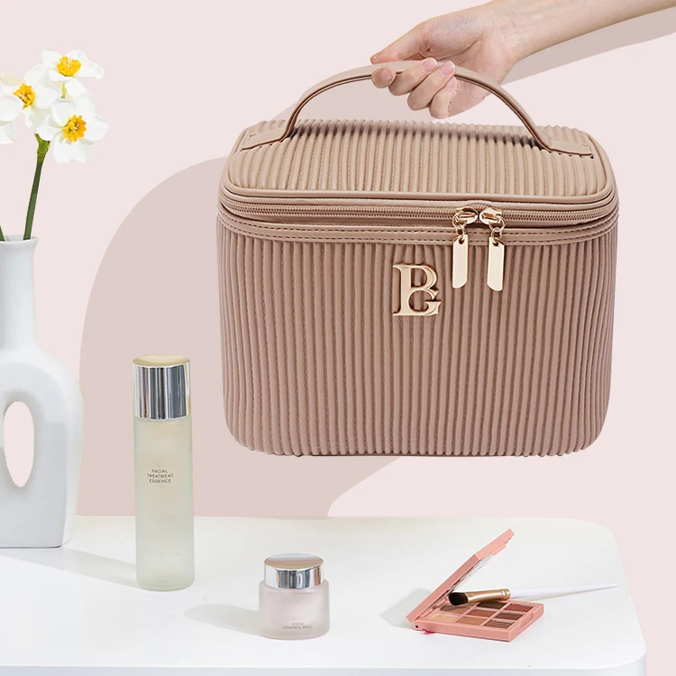 Private label custom eco friendly makeup bag pleated PU handle beauty waterproof travel storage cosmetic bags cases