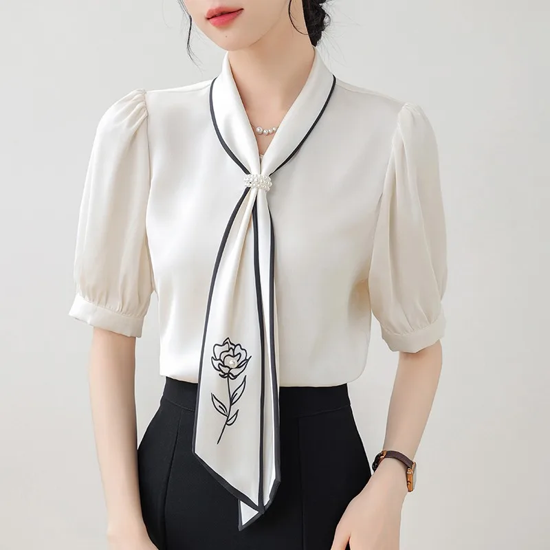 Short-sleeved Bow Neck Satin Shirt Top Casual Loose Blouse with Beading Flower Femme Blusa 8977#