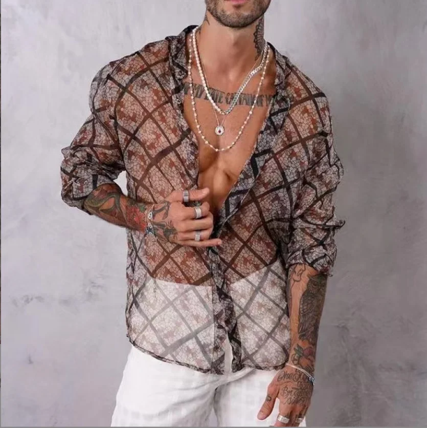 Men Shirt Stand Collar Long Sleeve Streetwear Men Clothing Transparent 2022 Fashion Casual Printing Mesh S-5XL Woven Printed