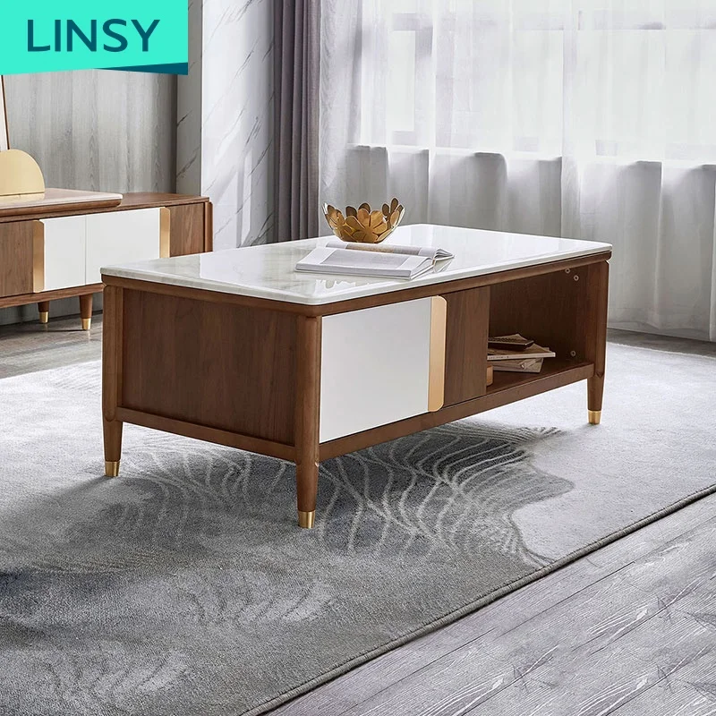 Linsy Antique Style Rustic Wood Marble Top Coffee Table Rectangle Square Tea Table  Ls173L1