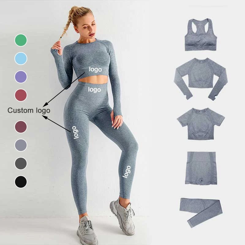 Latest Design Tracksuit Set Seamless Activewear 5 Piece Yoga Gym Outfit Set for Women Jacket and Pant Set