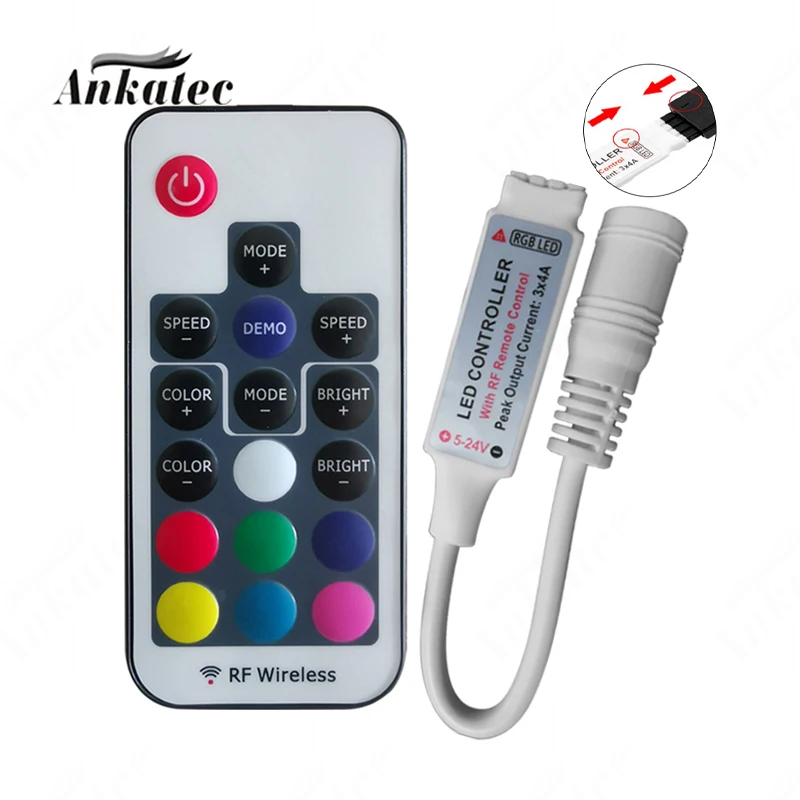 Mini LED Controller - DC 5-24V, 12A, 3-Channel RGB PWM Dimmer with 4-Pin RF 17-Key Wireless Remote, for LED Colorful Light Strip