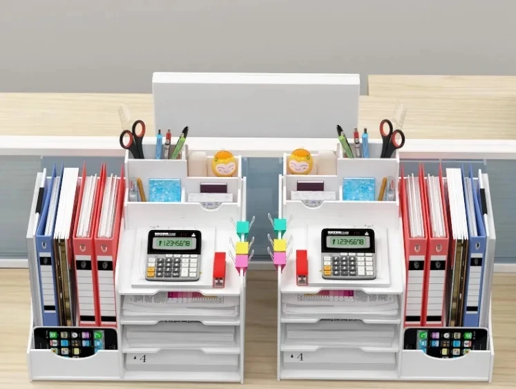 Hot Sale Multifunctional 4 Tiers Office Wood Desktop Organizer Supplies Storage Box Tabletop Binder Letter Trays With Drawer