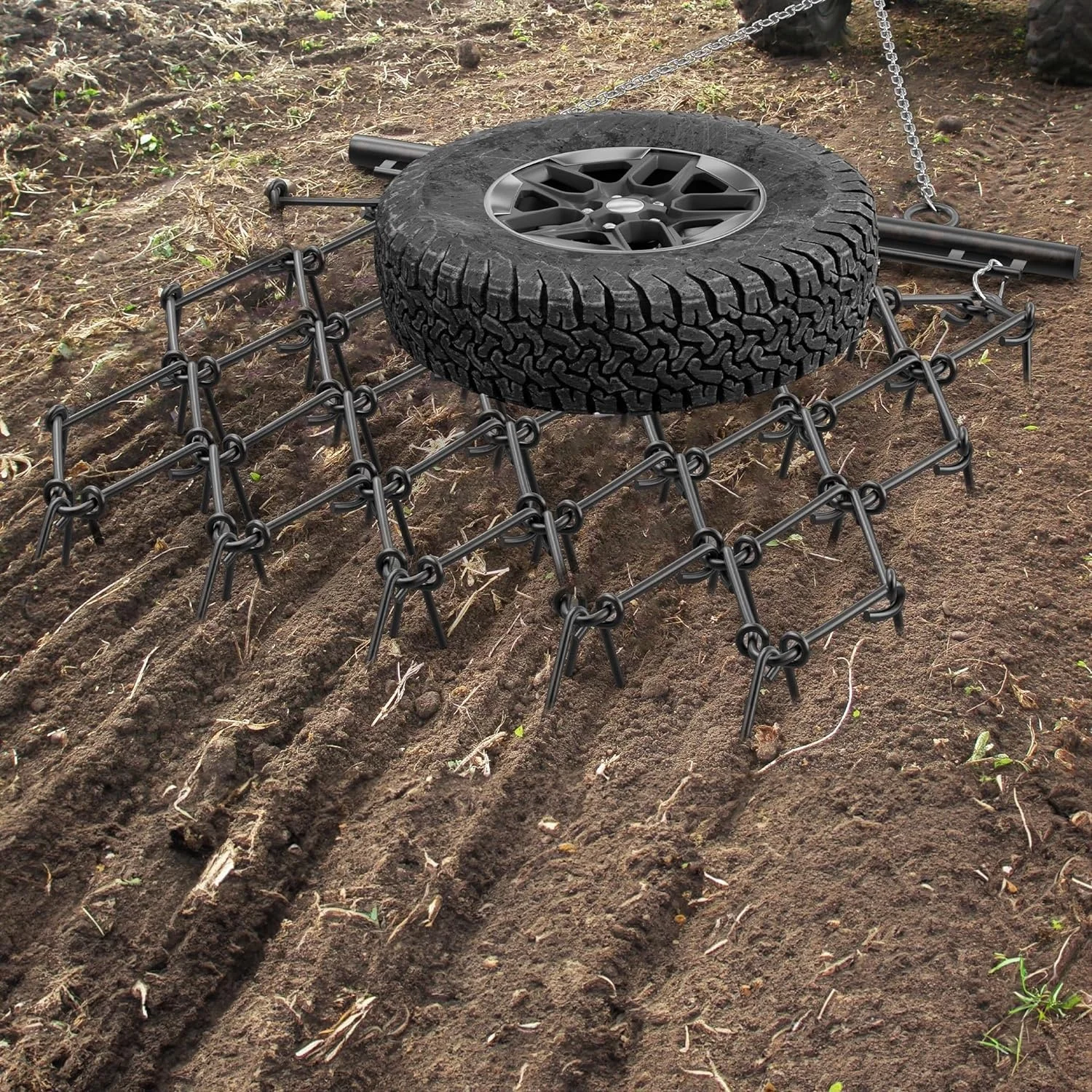 4.5 x 5 ft Heavy Duty Steel Durable Chain Rake Field Leveling Drag Harrow Hook Up to ATV, UTV and Utility Tractor, Black