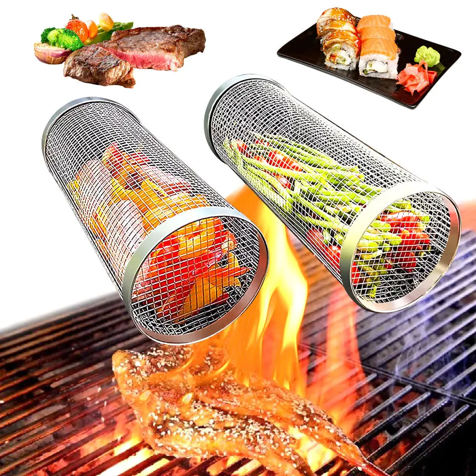 Rolling Grilling Basket Barbecue Grill Accessories Barbecue Rack Stainless Steel wire mesh