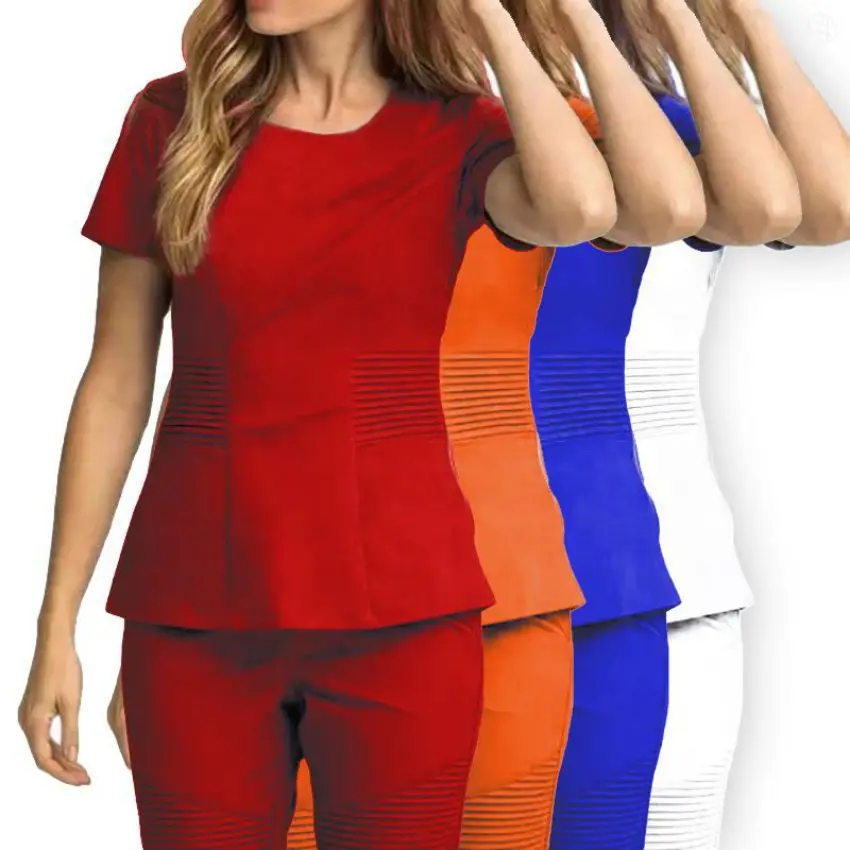 
Top Quality Fashionable Hospital Uniform Medical Nursing O Neck Drape Design Breathable Scrubs Suit Women Medical Scrub Sets 