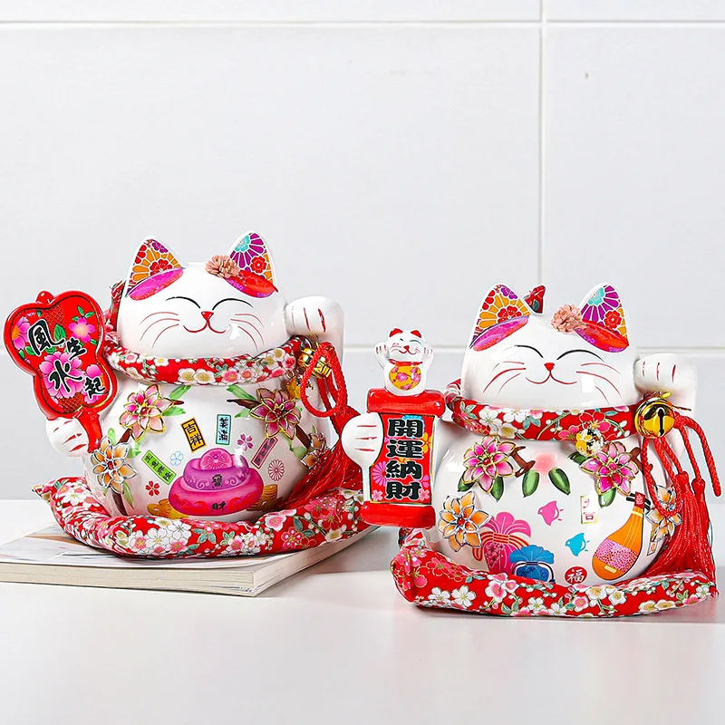 9 Inch Japanese Maneki Neko Lucky Cat Ceramic Statues with Cushion and Bells,Ceramic Fortune Cat Piggy Bank Money Bank for Kids