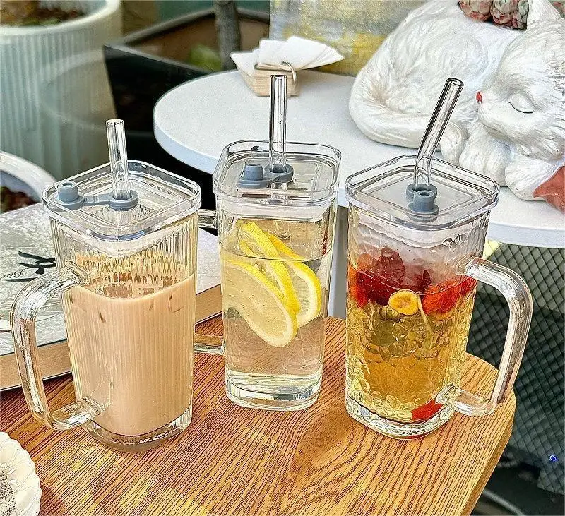 high quality clear vertical ribbed stripe square glass coffee tumbler mug juice milk tea cups with handle straw and lid