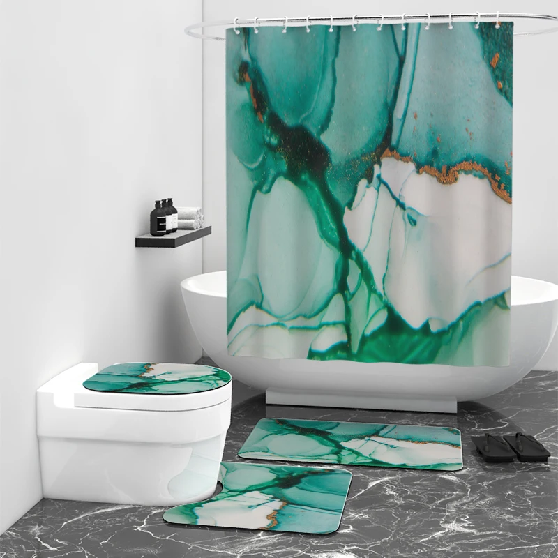 4Pcs Luxury Marble Shower Curtain Sets with Toilet Lid Rug Bath Mat and Contour Mat
