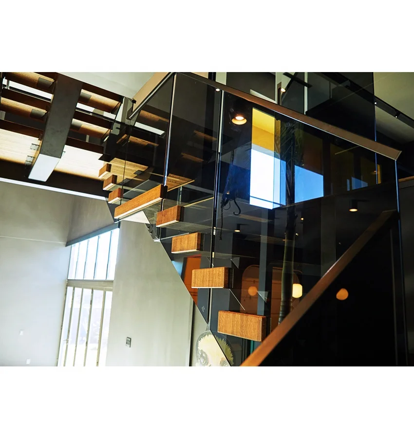 Elegant Double Slab Beam Staircase Single Acrylic Floating Glass Spiral Staircase Tread House Solid Wood LED Light Stair