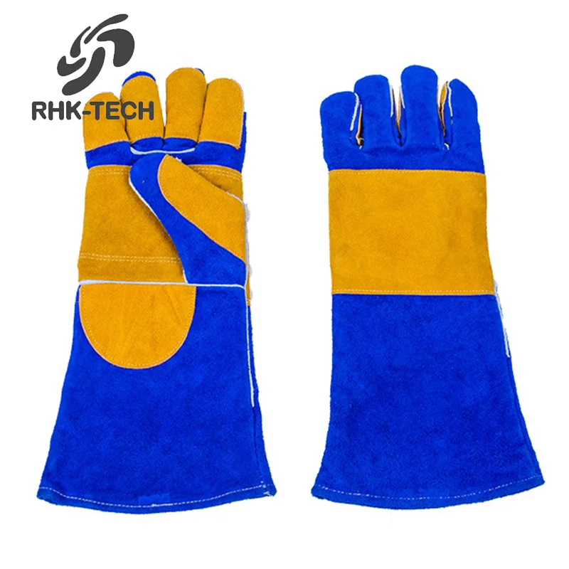 RHK TECH 14 inch Blue Premium Split Cow Leather Heat Resistant Fireproof Welding Gloves