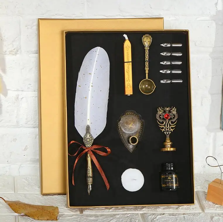 Feather Calligraphy Pen Set Includes 5 Nibs Sealing Stamp, Wax Seal Strips, Wood Handle Spoon Etc