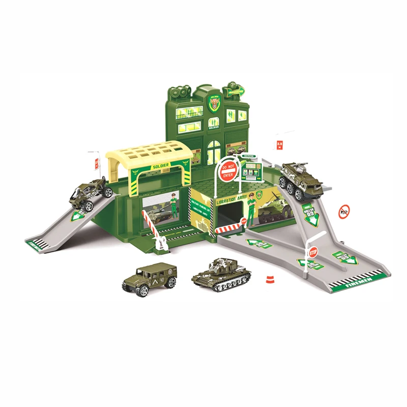 
Kids DIY assembly military parking lot toy with 4 alloy cars 
