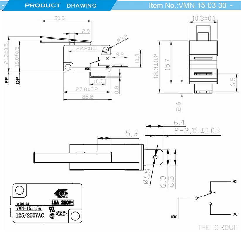 Tuowei/Towei safety micro switch supplier manufacturer 15A/250V t125 2 pin heater micro switch with long lever
