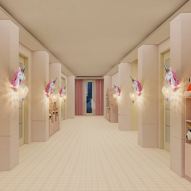 Nordic Simple Lovely Unicorn Led Wall Lamp Bedroom Bedside Lamp Girl Pink Creative Room Sconce Wall Lights Cartoon Unicorn Lamp