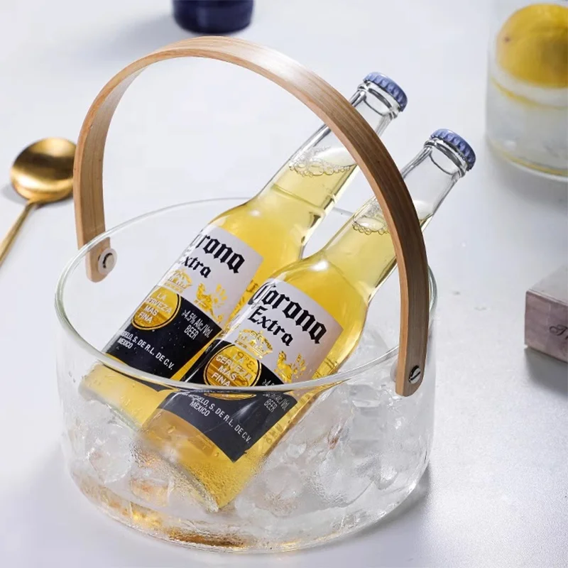 1.5L 2.5L Luxury Ice Bucket for Parties, Clear Glass Buckets Bamboo Handle, Bar Accessories for Beer Cocktail Wine Champagne
