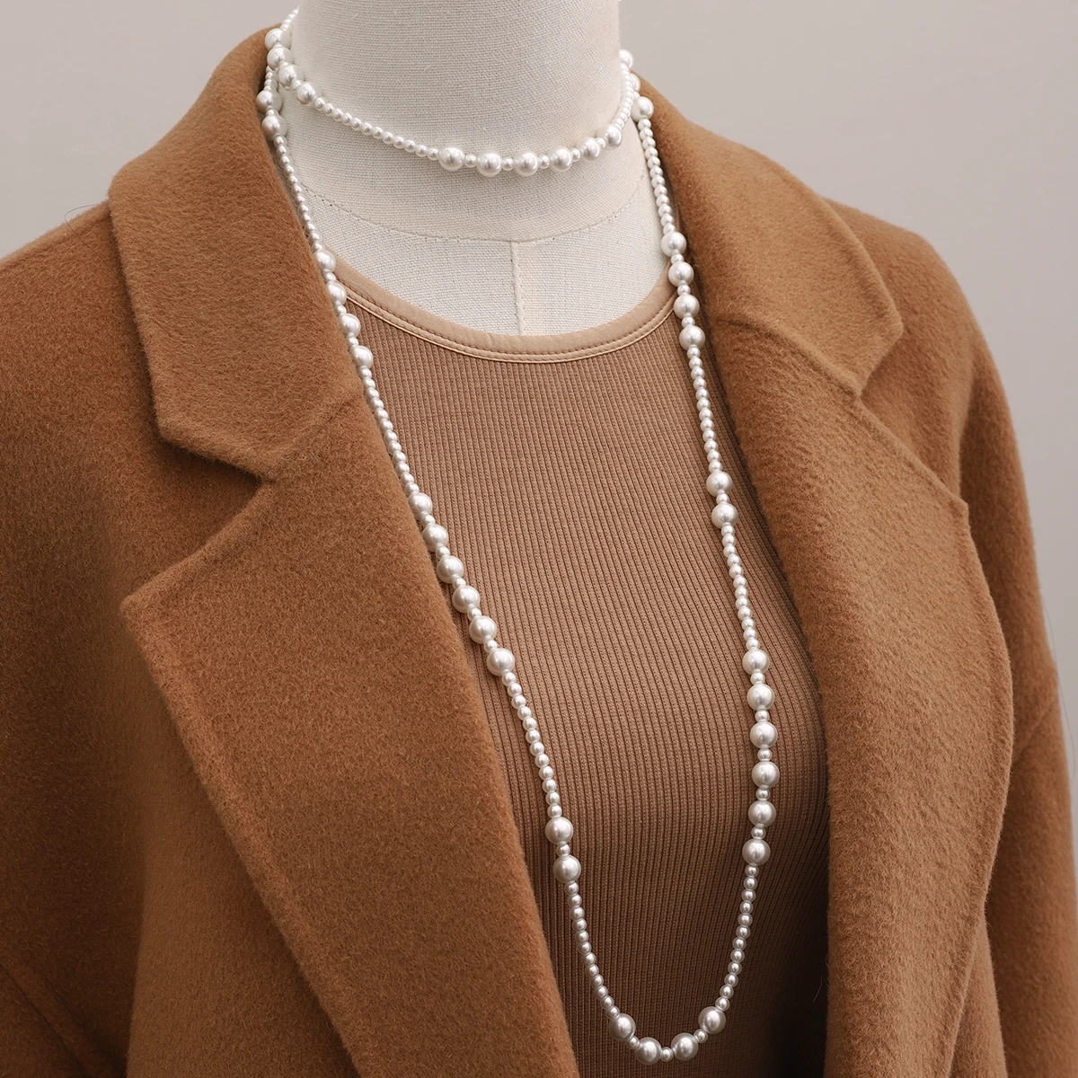 J&D Long Glass Pearl Beaded Sweater Necklace 18K Gold Stainless Steel Necklace with 4MM and 8MM Pearls 120cm