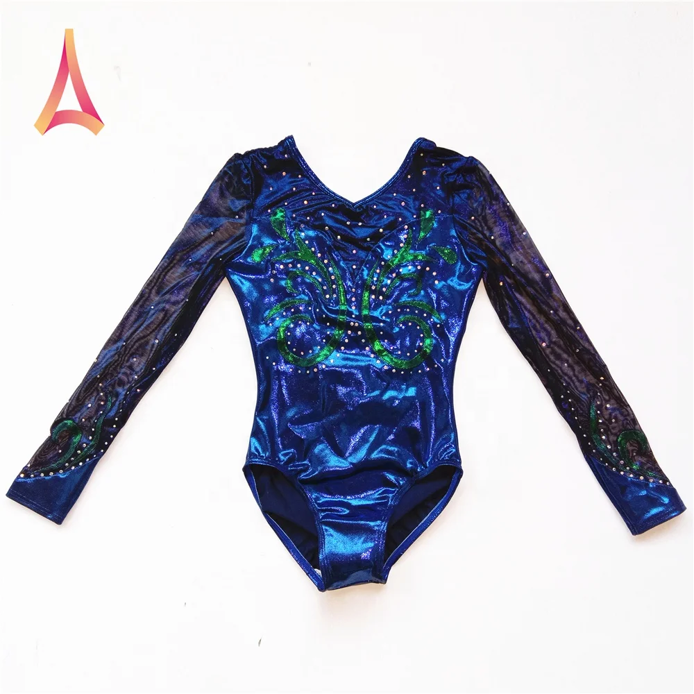 Блестящий гимнастический костюм темно-синего цвета с длинным рукавом для девочек