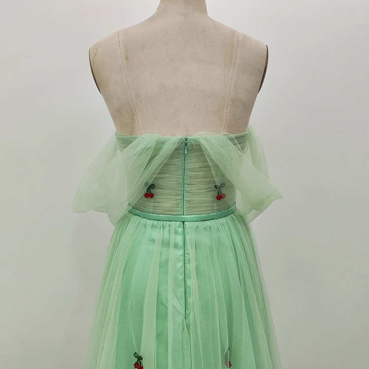 Off the Shoulder Sweetheart Tea Length Cherry Embroidered Women Long Maxi Dress Tulle Prom Dress with Belt