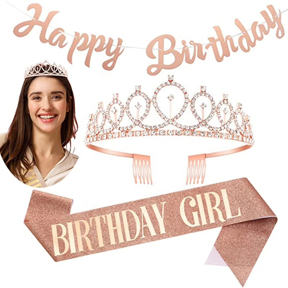 Birthday party decoration Birthday girl shoulder strap crown glitter powder banner set etiquette belt
