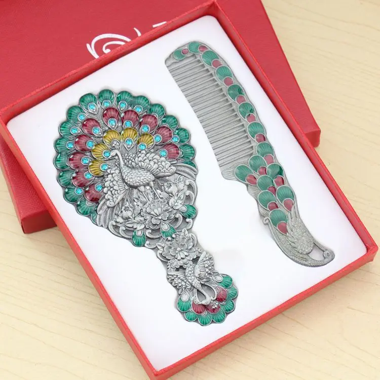 Single sided peacock shape vintage makeup mirror with comb luxury portable vanity mirror