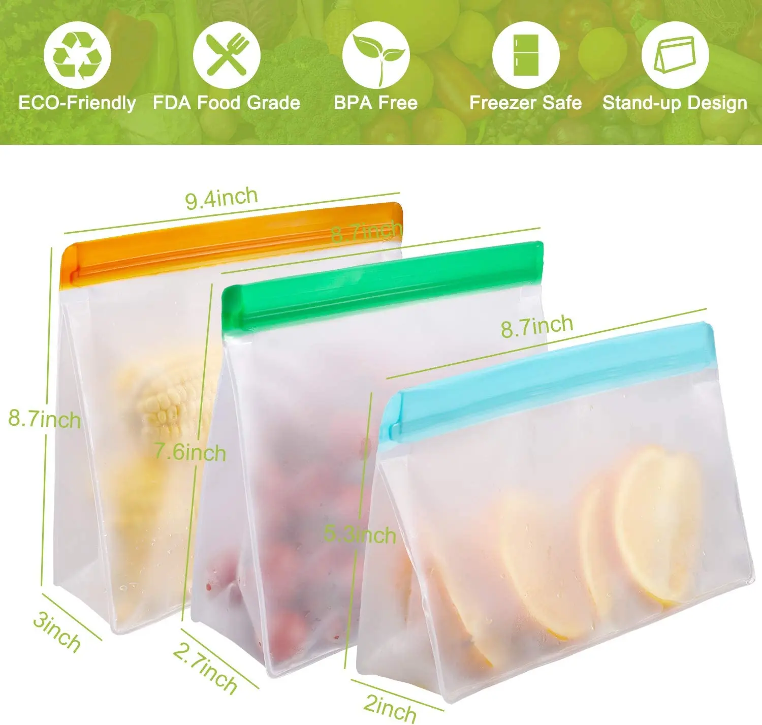 Reusable Sandwich Reusable Snack Bags Silicone Leakproof Reusable Freezer Bag for Kids