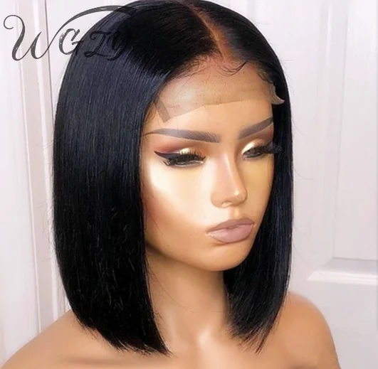14 Inch 13x4 Lace Frontal Wig Virgin Human Hair Peruvian Black Natural Hair Wig 5X5 HD Lace Straight Cut Short Bob Wig