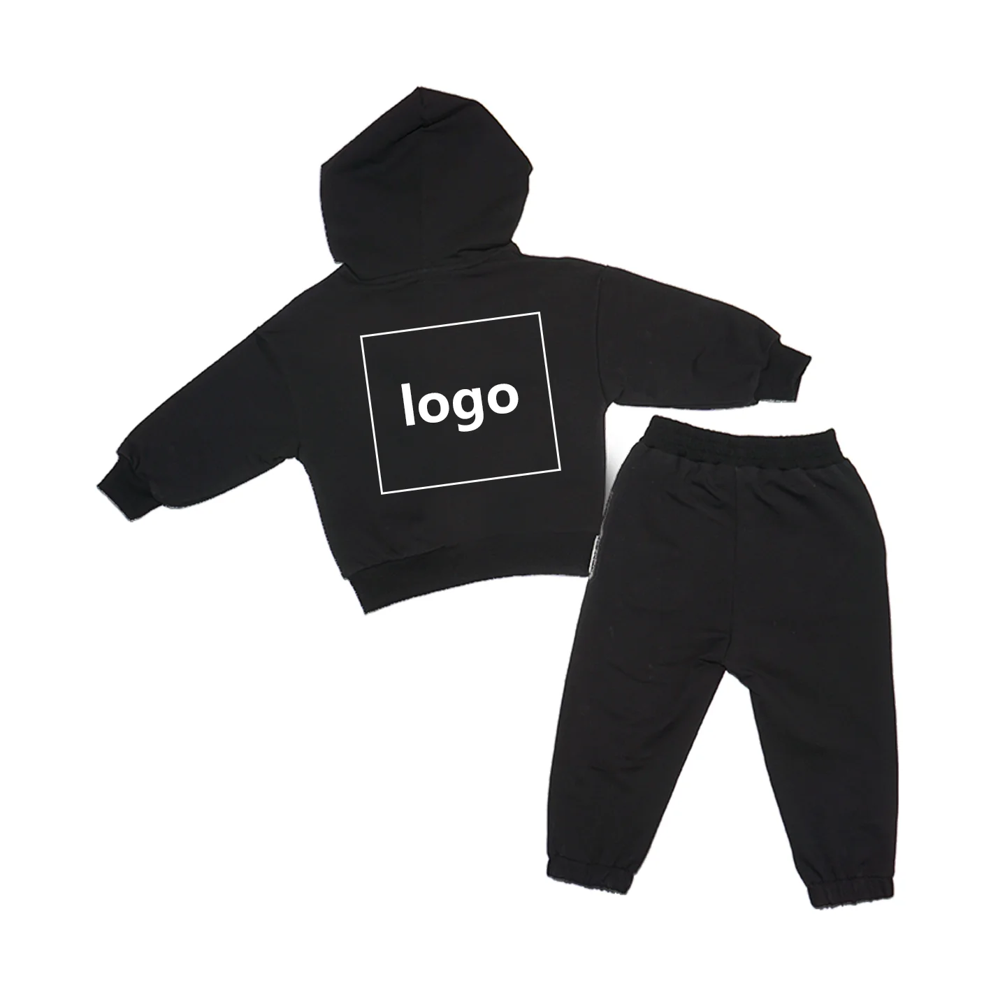 Wholesale Custom logo printing toddler baby boys solid color 100%cotton 2-Piece Set Hoodie + Jogger Pants Set Kid Clothing Set