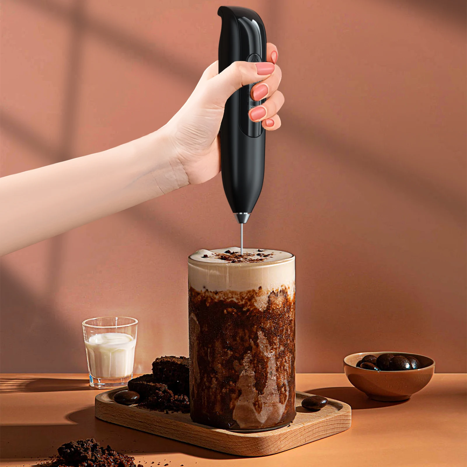 2023 New Trend Kitchen Gadgets Rechargeable Milk Frother Handheld with Integrated Stand  Electric Whisk Portable Drink Mixer