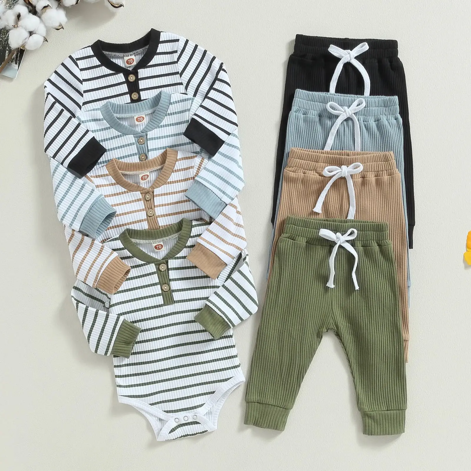 Newborn Baby Outfit Sets Long Sleeve Striped Romper Solid Color Long Pants Baby Boys Outfit 0-3 Month