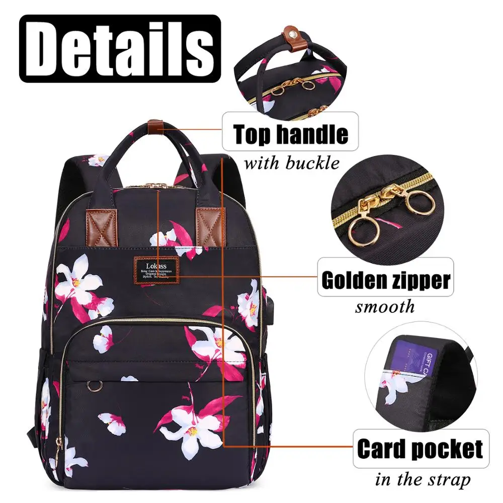 Lokass 15.6 inch Floral School Bookbag Laptop Bag Laptop Backpack with USB Charging Port and Luggage Strap