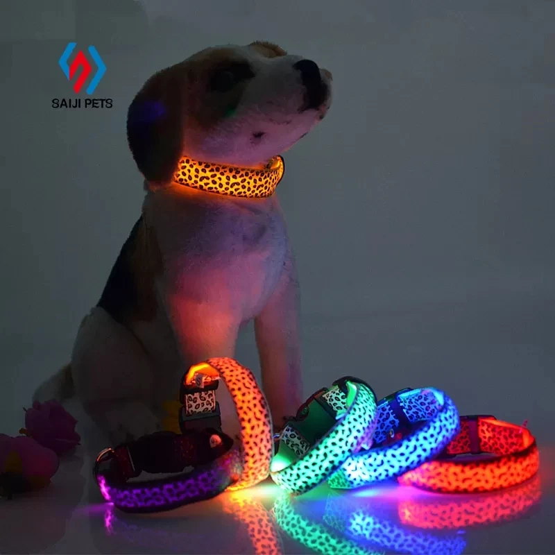 Saiji lead the industry luminous adjustable glowing pet night safety nylon electronic leopard LED luminous dog collar for dogs