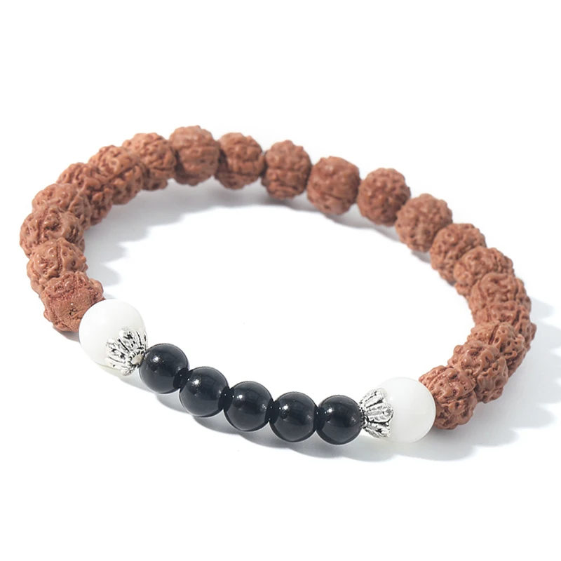 Rudraksha&Black Onyx Elastic Band Bracelet Men and Women Fashion Energy Bracelet OM Pendant Bracelet Jewelry Gift