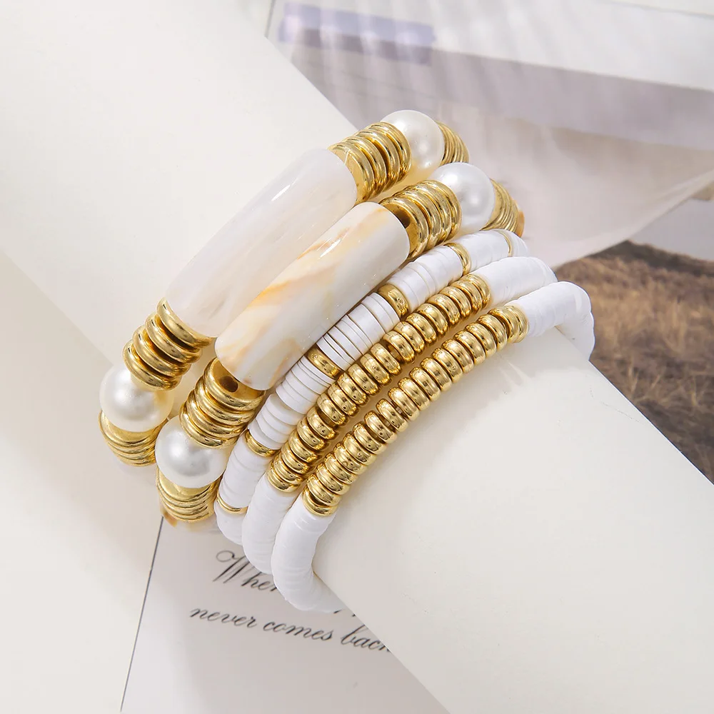 Hot sale  Boho Polymer Clay Pearl Beading 18k Gold Layered Bracelet Women Vintage Elastic Acrylic Bracelet Jewelry For Gift