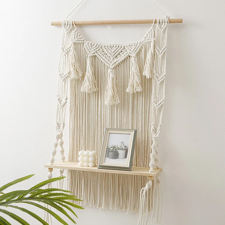 Custom Made Home Decor 2 Tier Rack Flower Pot Holder Woven Macrame Wood Wall Hanging Shelves