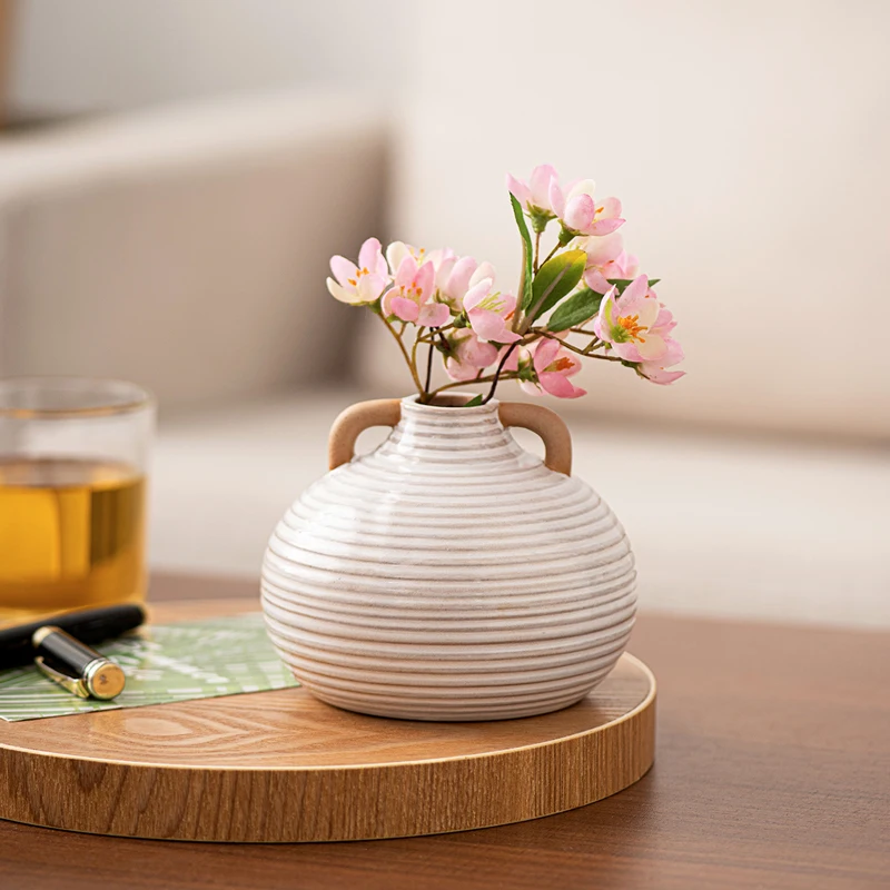 2024 New Rustic Dual Ear Horizontal Ripple Ceramic Vase Flower Vase Table Vase