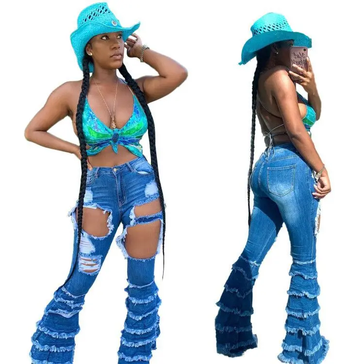 
ORA3221 Custom New Fashion Women Demin Jeans Hole Ripped Comfy high Waist Jeans Women 