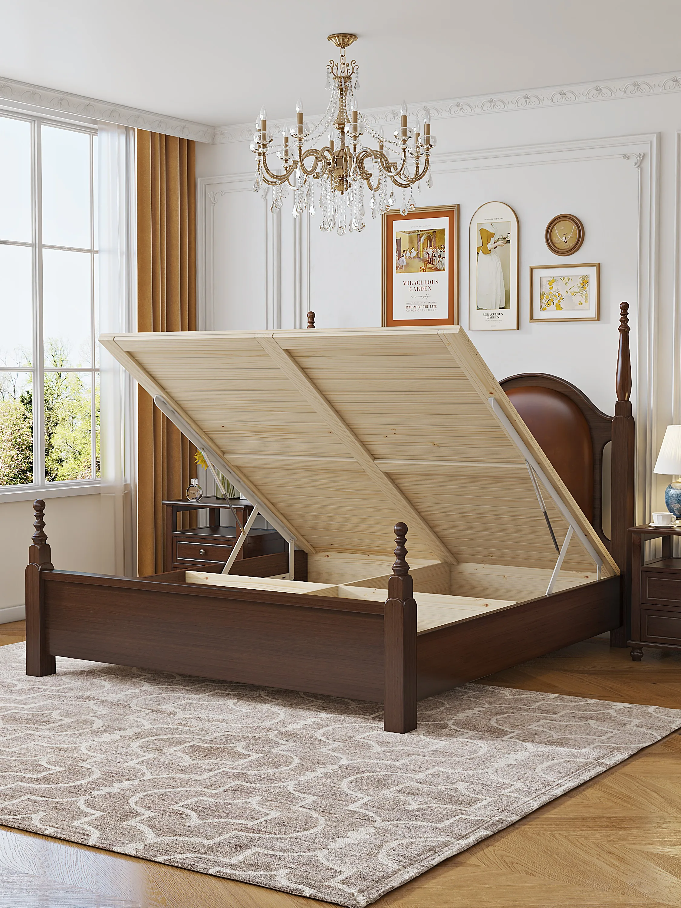 Solid Wood Headboard Double Beds American Style Bedroom Furniture Storage Queen Size 1.5m Bed Set