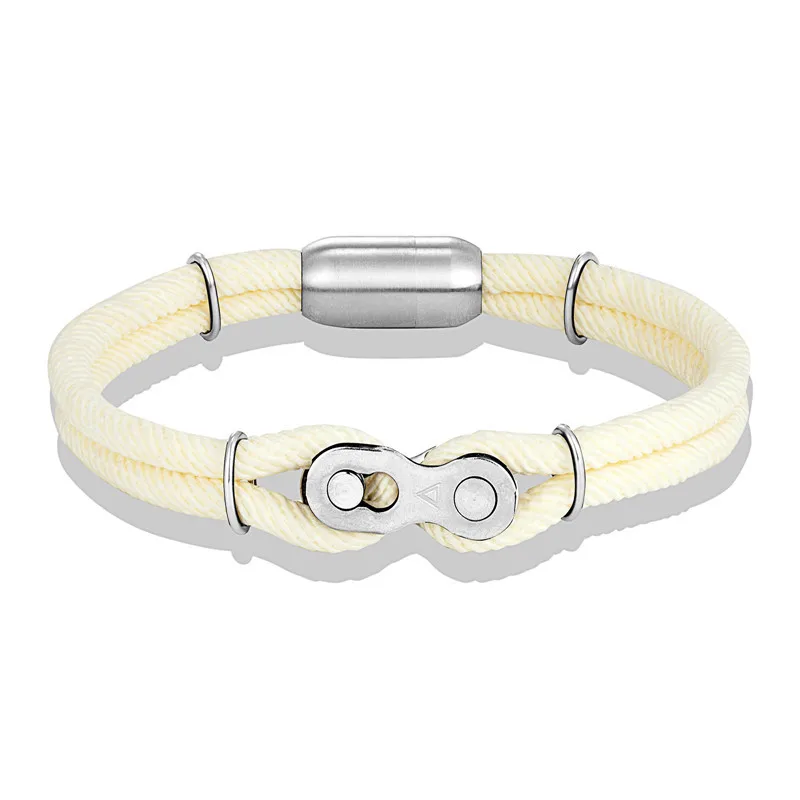 Punk Rock Double Layer Milan Nylon Nautical Rope Stainless Steel Magnetic Clasp Bike Chain Link Rope Bracelet Unisex Jewelry