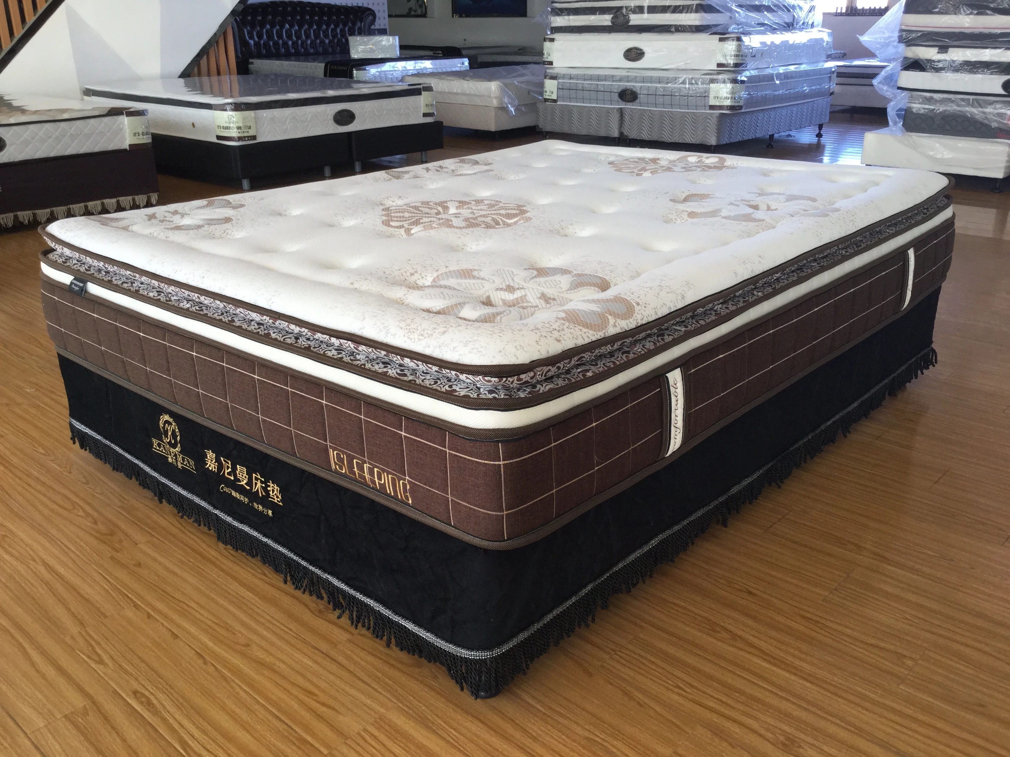 12 inch luxury double pillow top continuous spring mattress vacuum compress on pallet cheap price wholesale KANEMAN