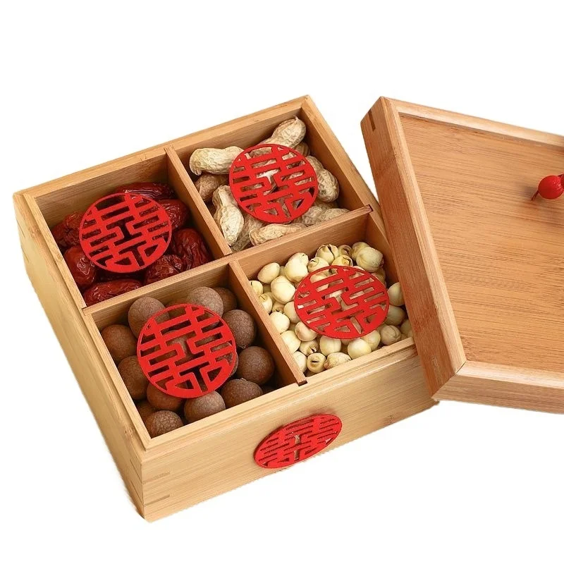 Custom Candy Organizer Party Sectional Platter Wooden Snack Table Dry fruit Tray Bamboo Tray With 4 Compartments
