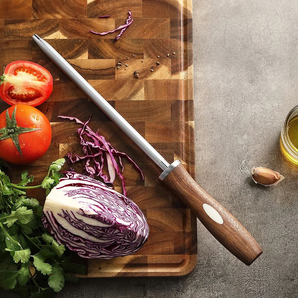 Professional High Carbon Steel Diamond Sharpener Rod Walnut Wood Handle Knives Blade Sharpening