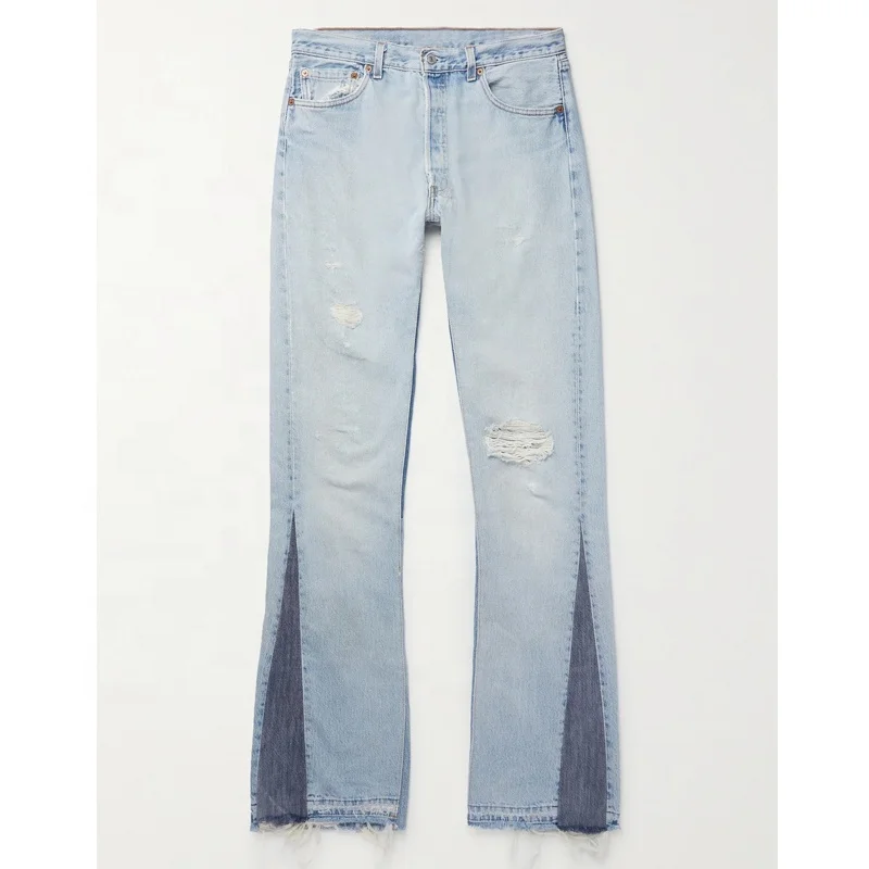 Custom Raw Hem Men Distressed Flare Jeans Women Patchwork Blue Button Fly Denim Repaired Pants