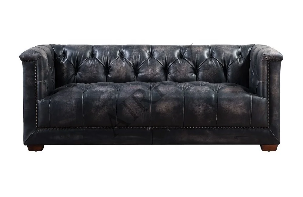 Vintage Antique Aluminum Covered Aviation Club Black Genuine Leather Chesterfield Sofa Set Furniture